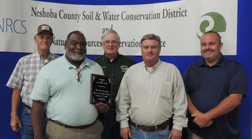 Friend of Conservation Award winner was the Neshoba County Board of Supervisors. From left: Kinsey Smith, Obbie Riley, Neshoba SWCD Chairman Nelson White, Kevin Cumberland and Kevin Wilcher
